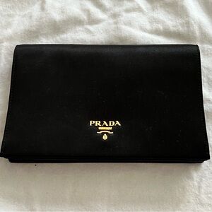 Prada Black Satin Clutch with Gold Logo